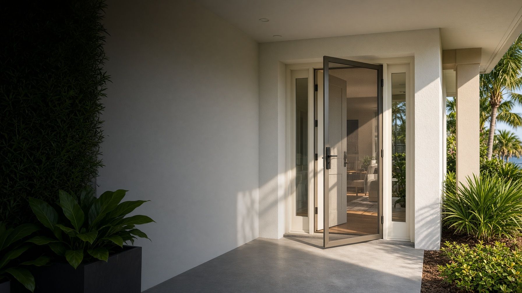 Sunlit modern entryway with open glass front door, white walls, and potted greenery at the entrance