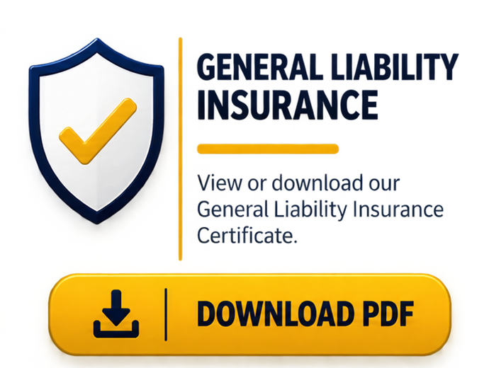General liability insurance banner with shield icon and yellow “Download PDF” button