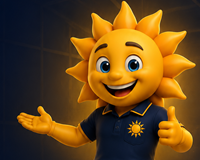 Smiling cartoon sun mascot in a navy shirt, arms outstretched against a dark background