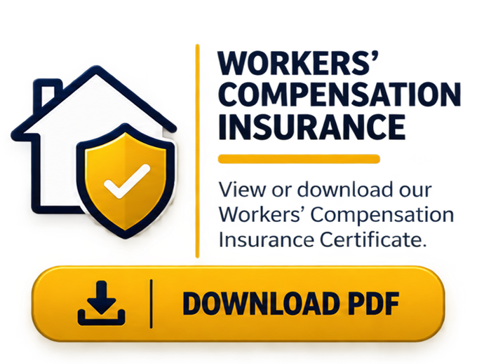Workers' compensation insurance certificate download banner with house-shield icon and yellow download button