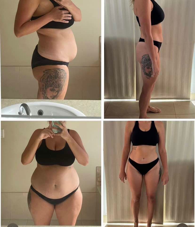 Collage of side and front body photos in black underwear before a mirror, showing torso and full-length views