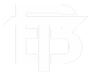 White stylized letters “TFB” logo on a plain background