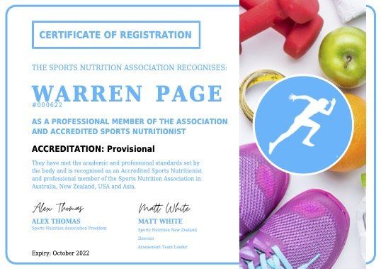 Certificate of registration to sports nutrition association