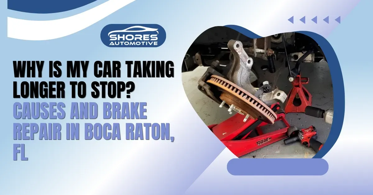 Auto repair ad: mechanic fixing car brakes, with text “Why is my car taking longer to stop?”