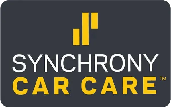 Synchrony Car Care logo on dark gray background with white and yellow text.