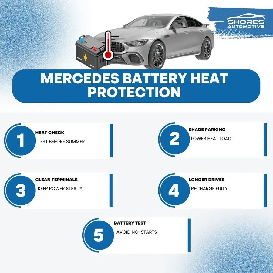 Infographic titled “Mercedes Battery Heat Protection” with a gray Mercedes and five maintenance tips.