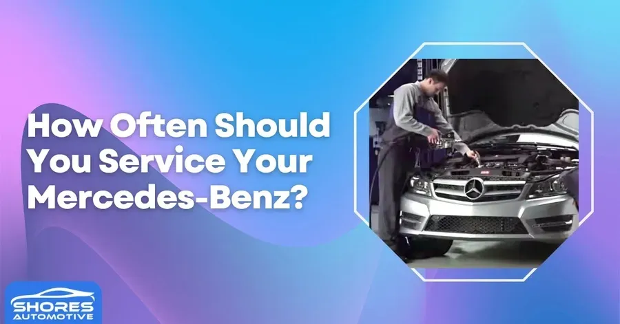 Mercedes-Benz service reminder banner with car in a garage and blue-purple gradient background