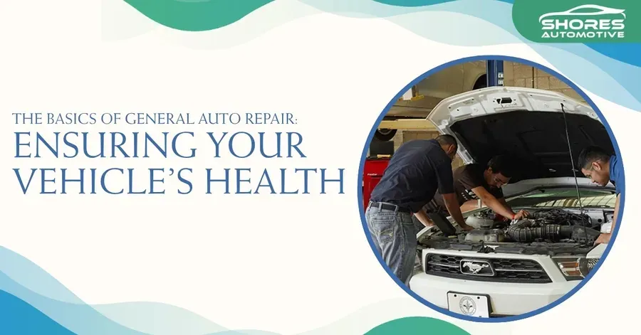 Auto repair banner with mechanic working under open hood and text “Ensuring Your Vehicle’s Health”