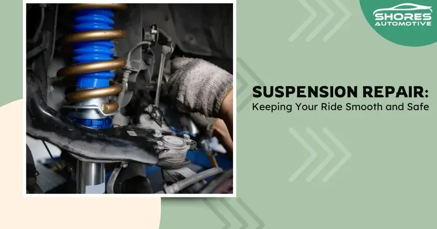Blue shock absorber and wheel assembly in a car suspension repair ad with “Suspension Repair” text.