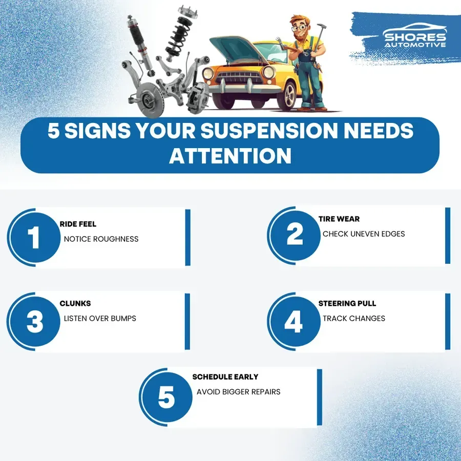 Infographic: 5 signs your suspension needs attention, with car and mechanic illustration.
