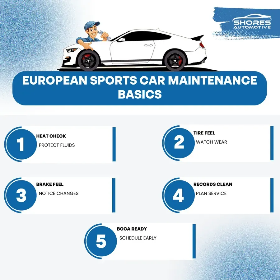 Infographic titled “European Sports Car Maintenance Basics” with 5 numbered maintenance tips