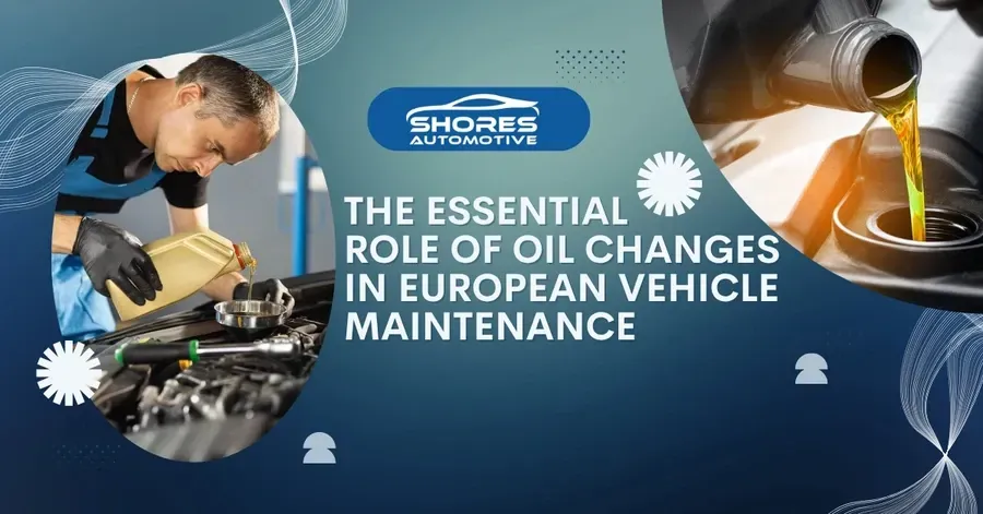 Banner on European vehicle maintenance role of oil changes, with mechanic and pouring oil visual