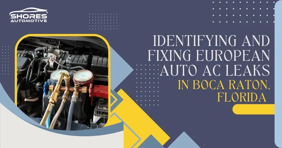 Mechanic fixing a European auto; Shore’s Auto logo on dark blue ad with Boca Raton, Florida text.