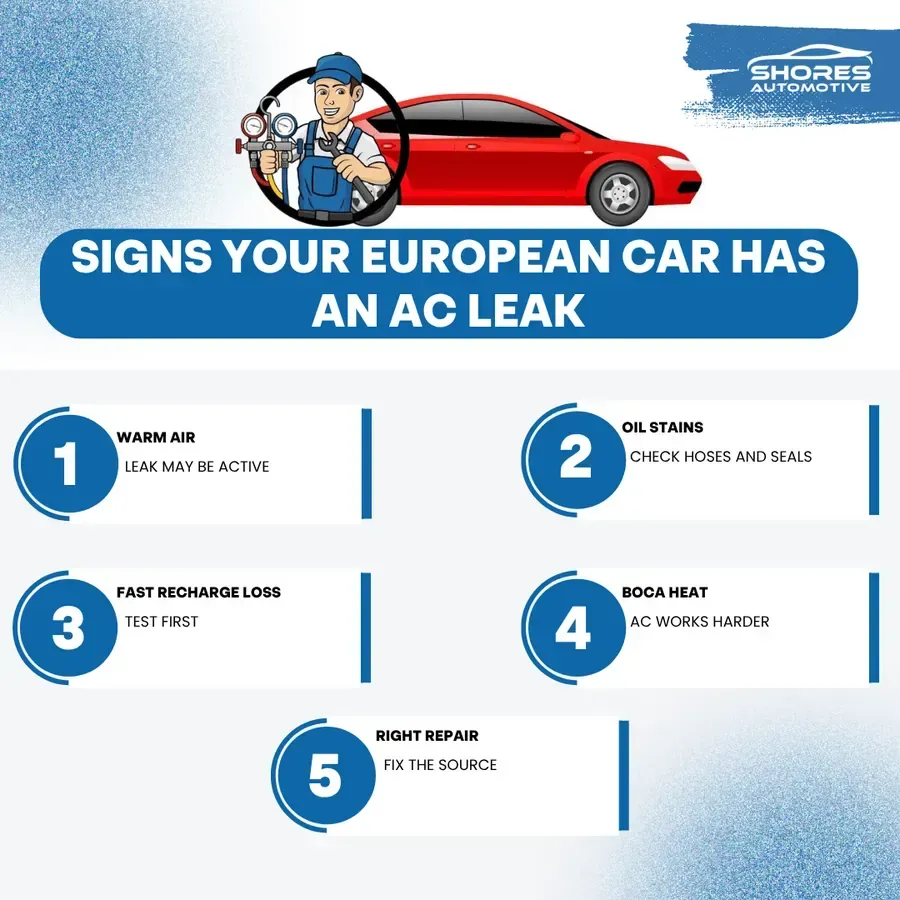 Infographic: signs your European car has an AC leak, with numbered symptoms and a red car illustration