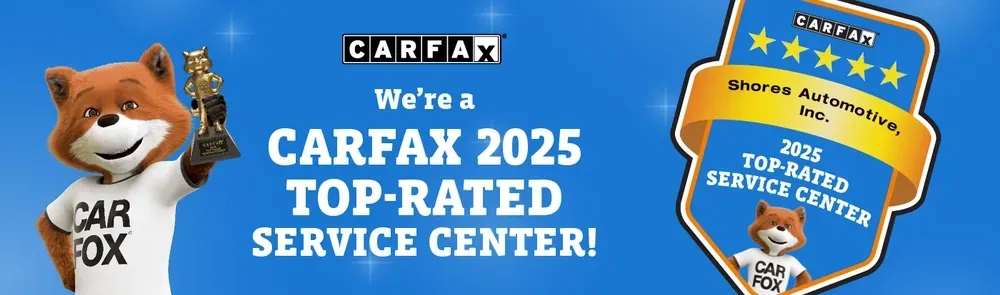 CARFAX 2025 top-rated service center banner with blue background and Carfax fox mascot