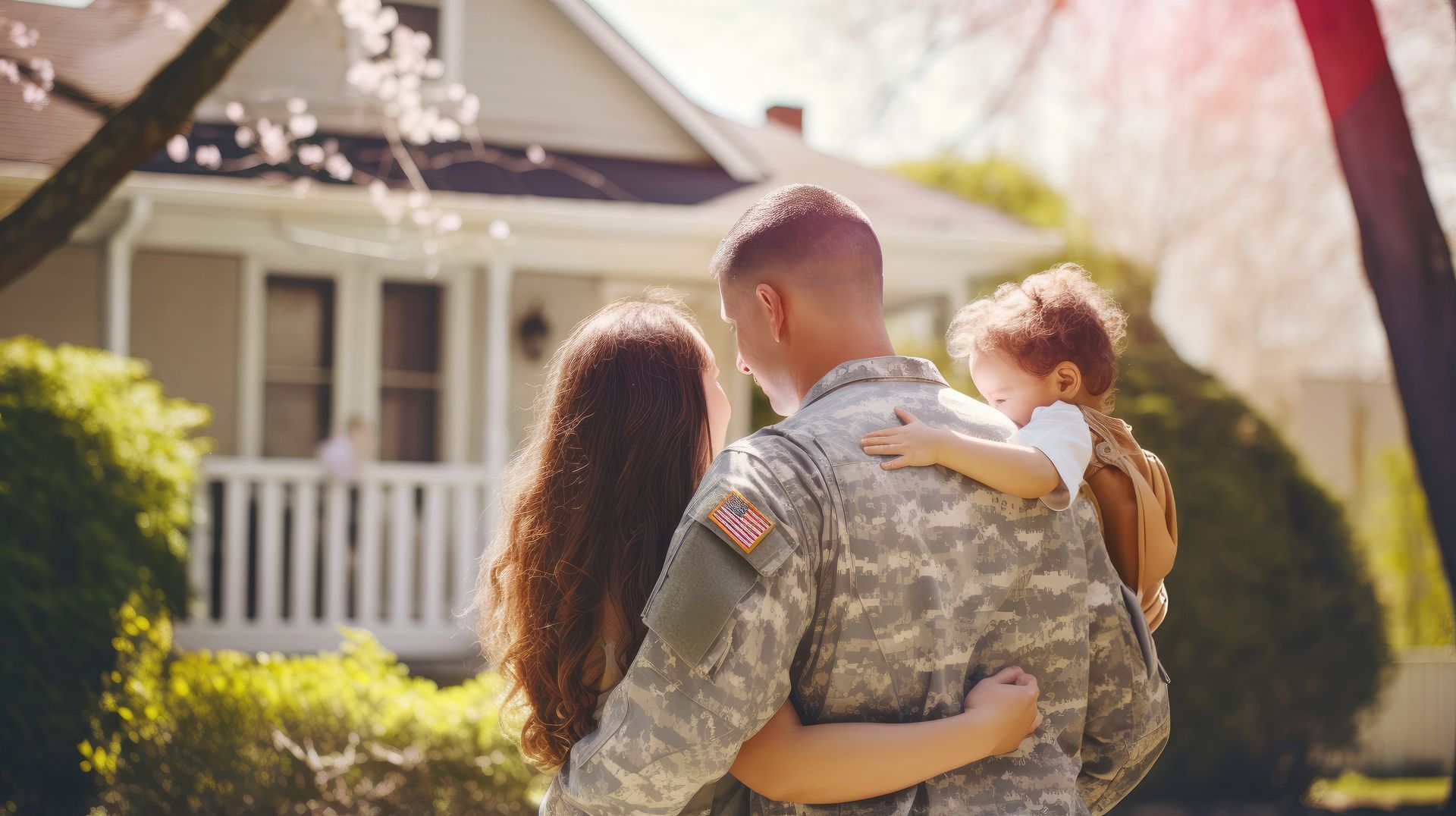 A soldier in camouflage uniform embraces a person while holding a young child in front of a house.