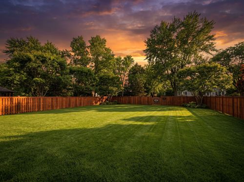A lush, manicured green lawn framed by large, leafy trees under soft, golden sunlight, with a house visible on the left.