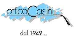 Logo Ottica Casini con schizzo blu e occhiali da sole, testo “dal 1949...”