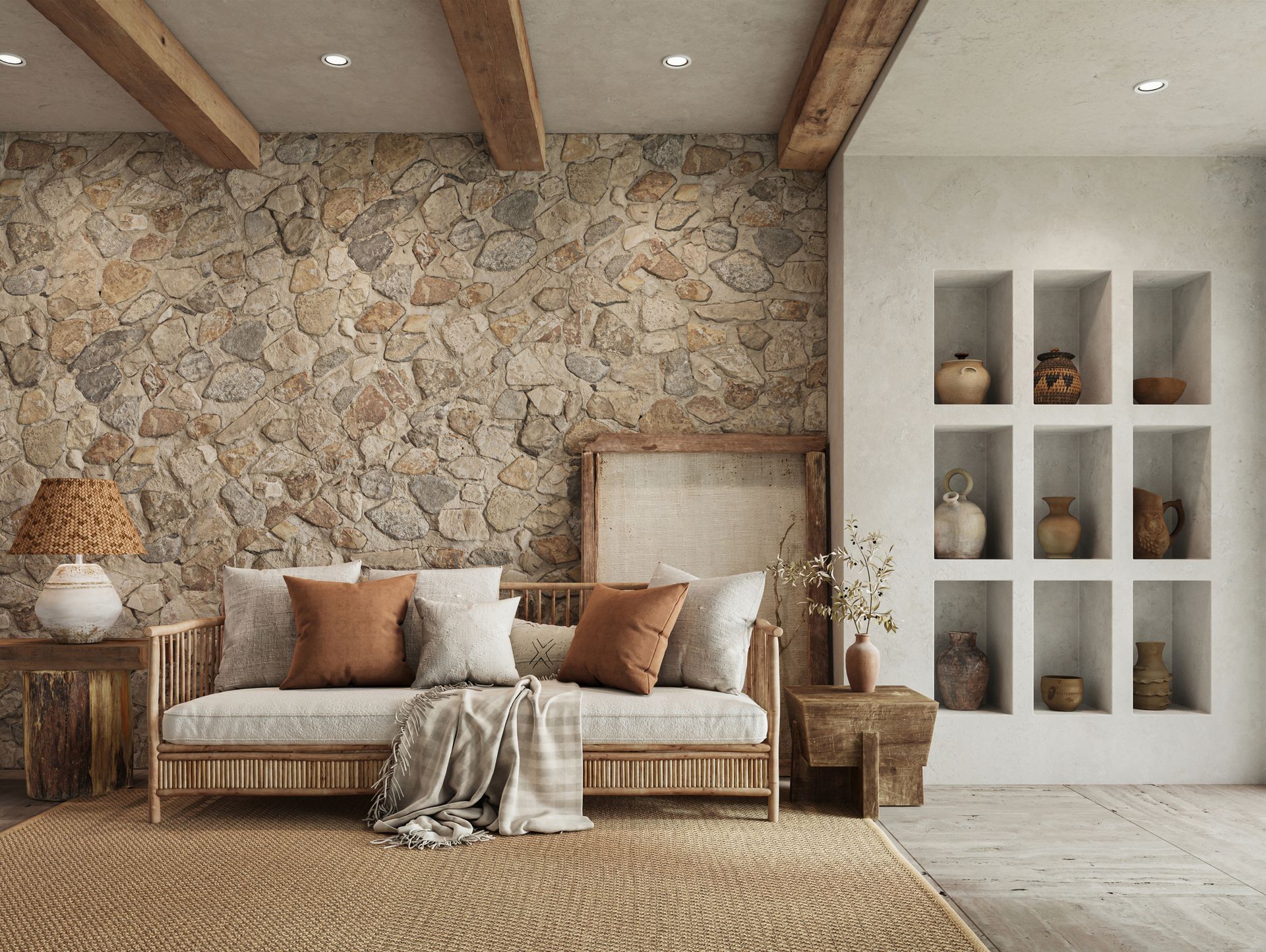 A living room with a stone wall and a couch | Louisville, KY | S & S Concrete Inc.