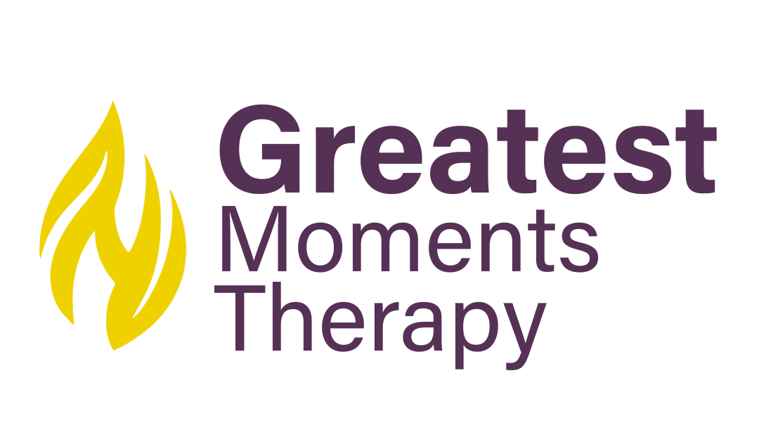 A logo for greatest moments therapy with a yellow flame.
