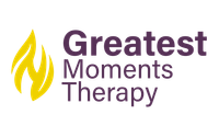 A logo for greatest moments therapy with a yellow flame.