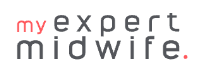 Logo for My Expert Midwife, text in gray and red.