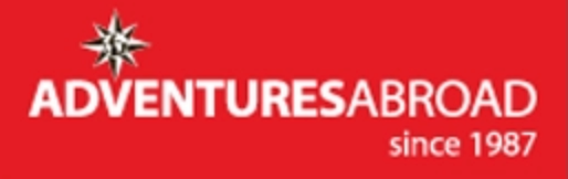 Logo for Adventures Abroad: White text on a red background with a starburst icon. 