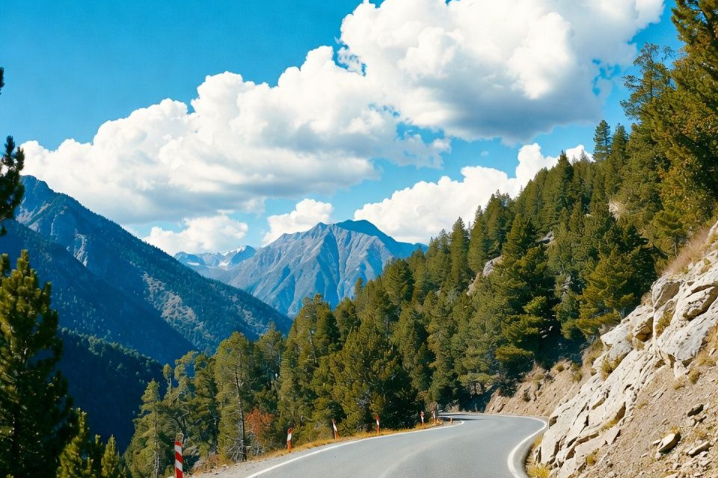 Winding mountain road with evergreen trees, under a blue sky with fluffy white clouds, snowy peaks in the distance.