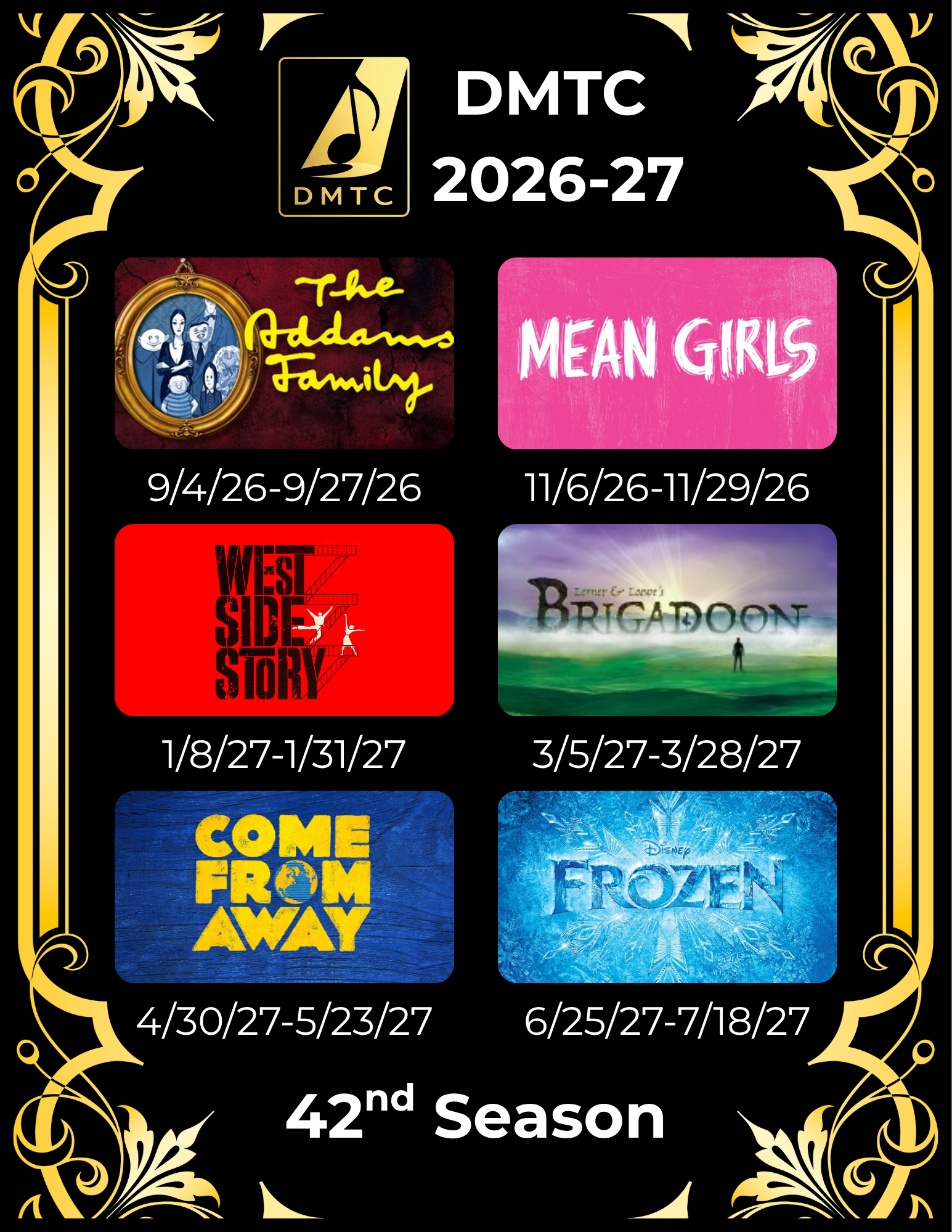 DMTC 2026-27 “42nd Season” poster with six colorful show titles and dates on a black-and-gold background