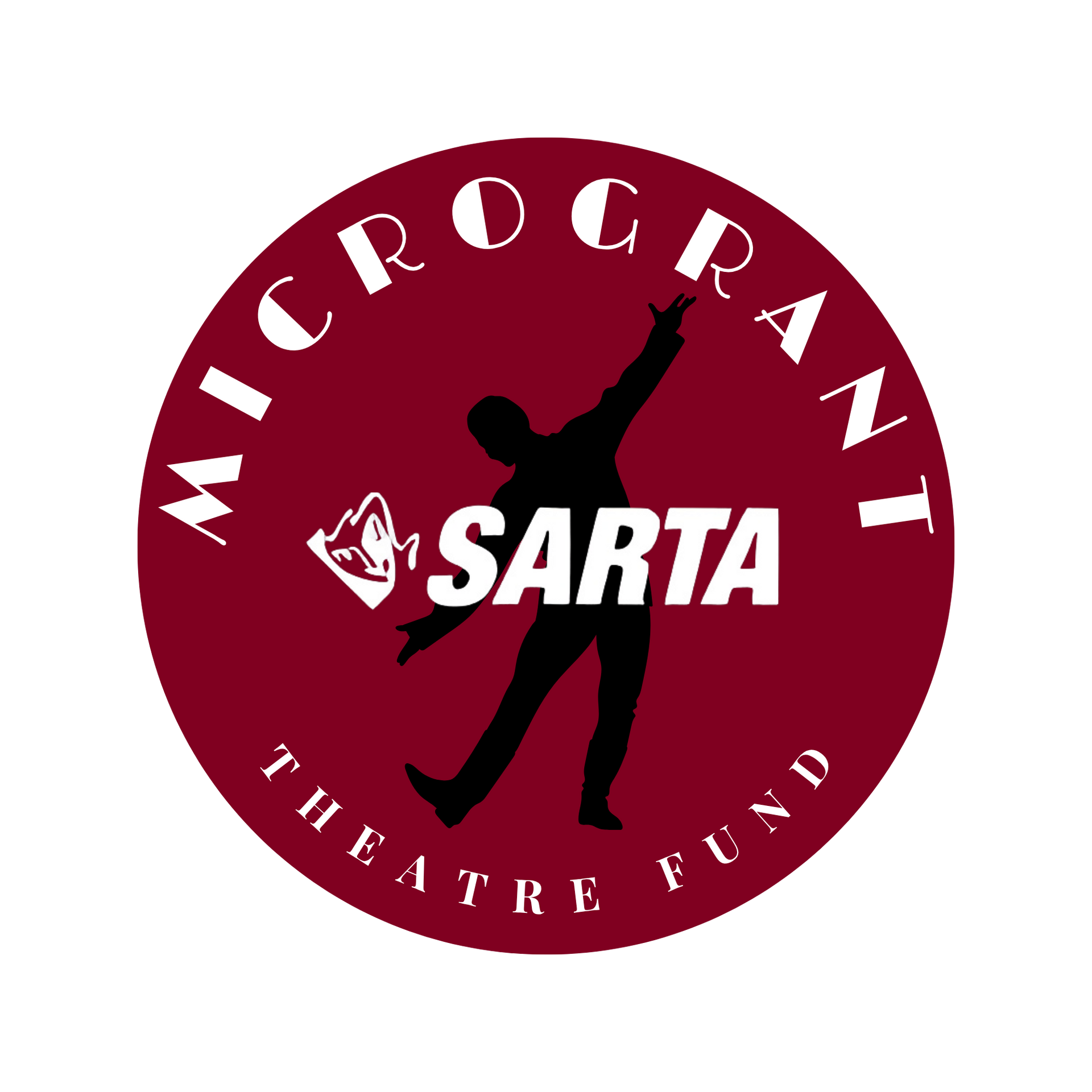 Microgrant Theatre Fund logo: maroon circle with white text and black dancer silhouette, “SARTA” centered