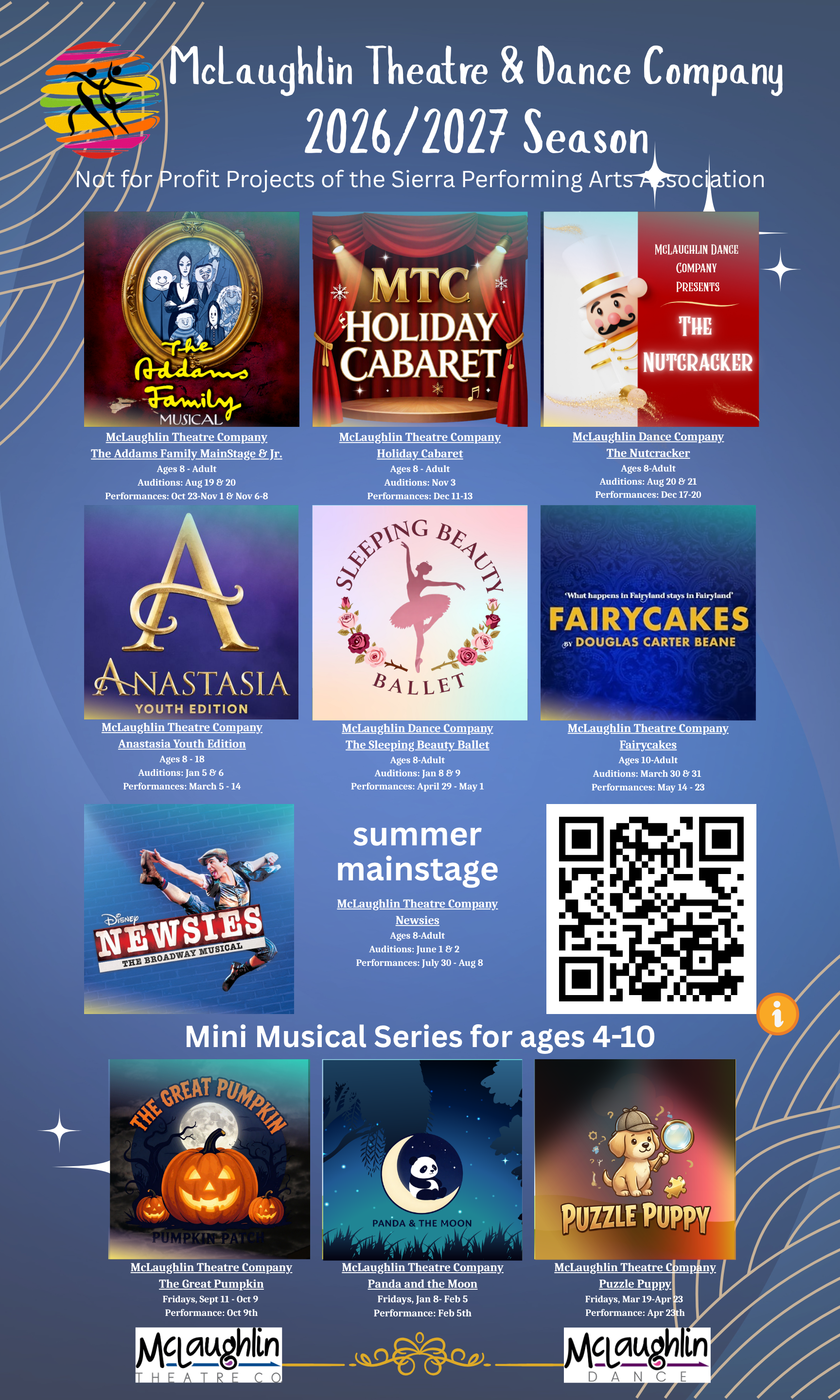 McLaughlin Theatre & Dance Company 2026/2027 season poster with colorful show tiles and QR code