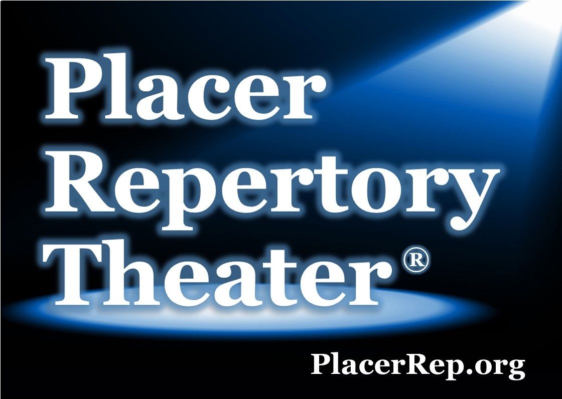 Placer Repertory Theater logo with blue spotlight and white text on black background