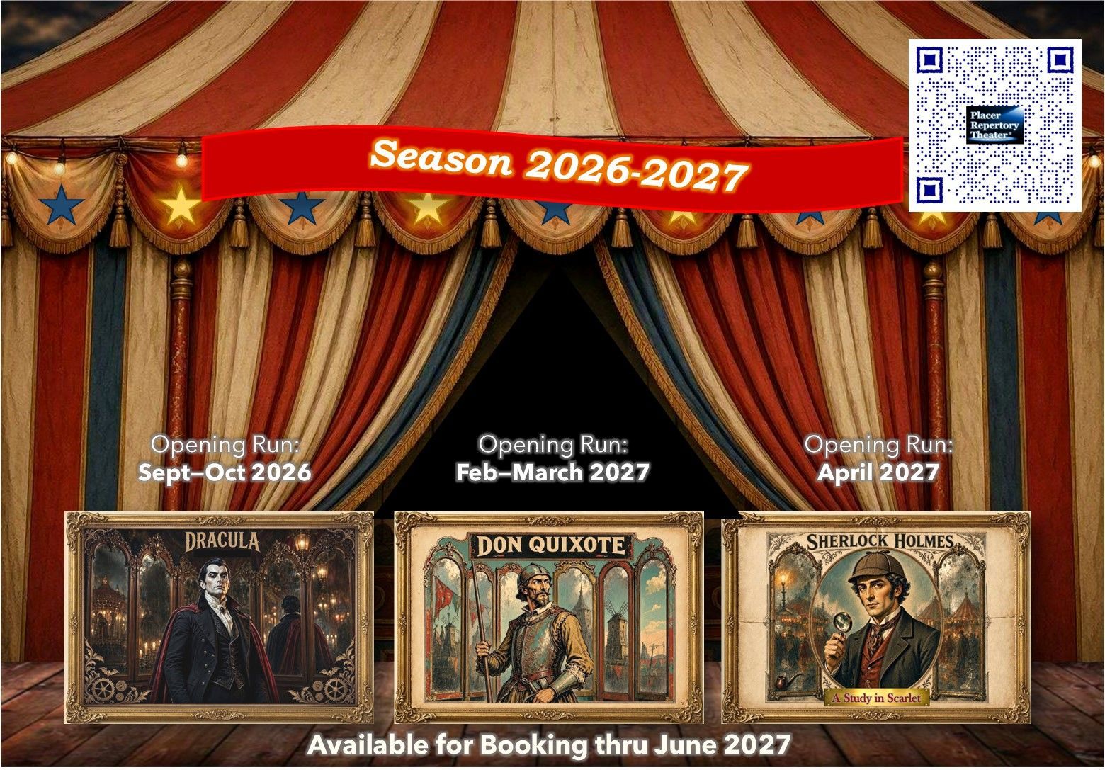 Theater season 2026–2027 poster with red curtains and show dates, plus a QR code and booking notice