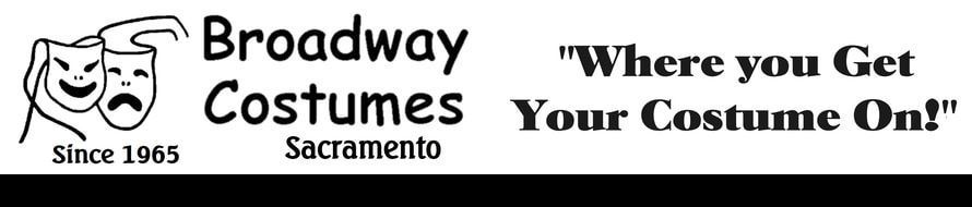 Logo for Broadway Costumes in Sacramento with theater masks and the slogan 