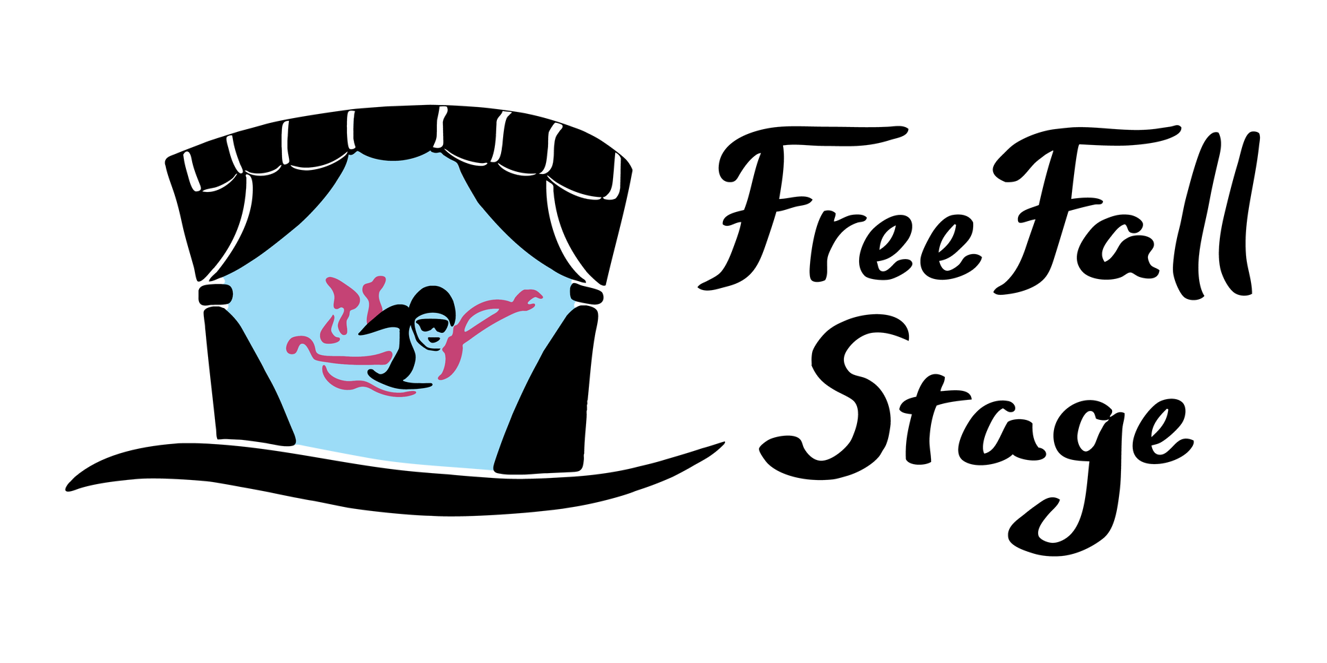 Logo for Free Fall Stage showing a blue stage framed by black curtains, with a diver silhouette, next to the text.