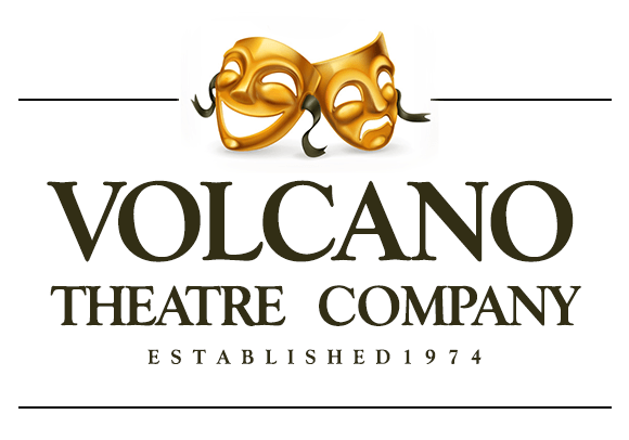 Logo for Volcano Theatre Company featuring golden comedy and tragedy masks above the company name and established date.