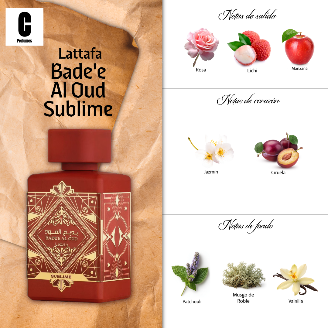 Frasco de perfume rojo con etiqueta geométrica dorada ornamentada y tapón a juego sobre fondo blanco.