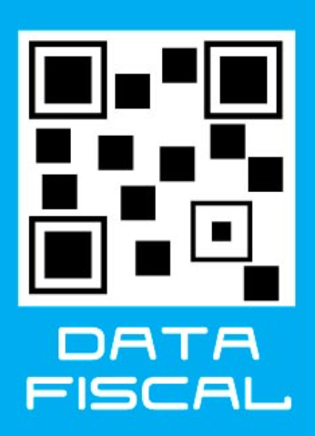 Código QR en blanco y negro sobre fondo azul con el texto “DATOS FISCALES” debajo.