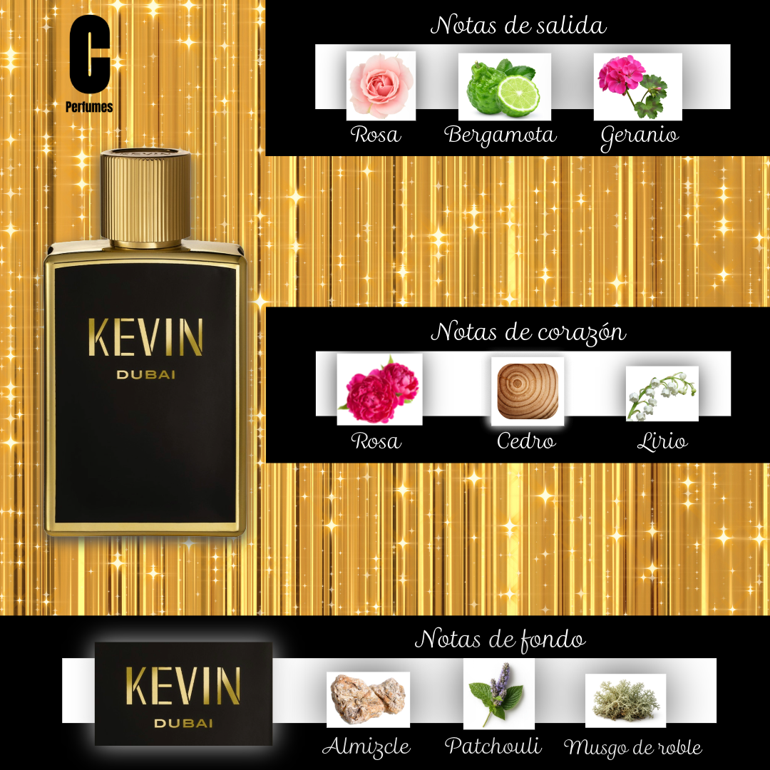 Frasco de perfume Kevin Dubai negro y dorado con tapón acanalado sobre fondo blanco.