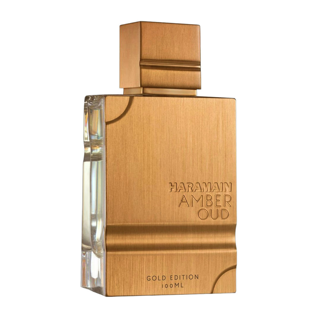 Frasco de perfume cuadrado de madera con lateral transparente, etiquetado como Marjan Al Abeer Gold.
