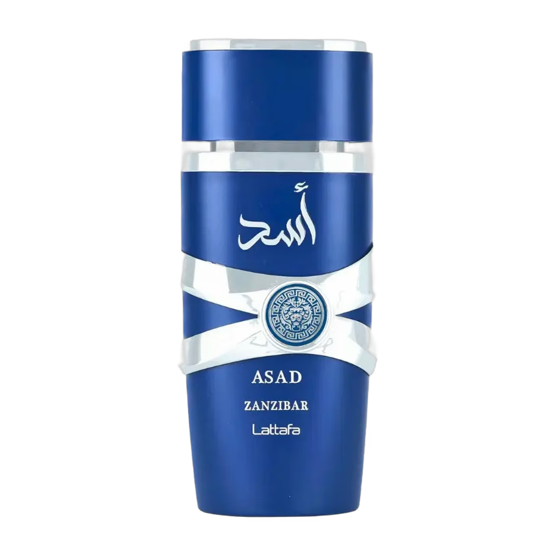 Frasco de perfume azul ASAD Zanzibar Lattafa con bandas blancas y escritura árabe.