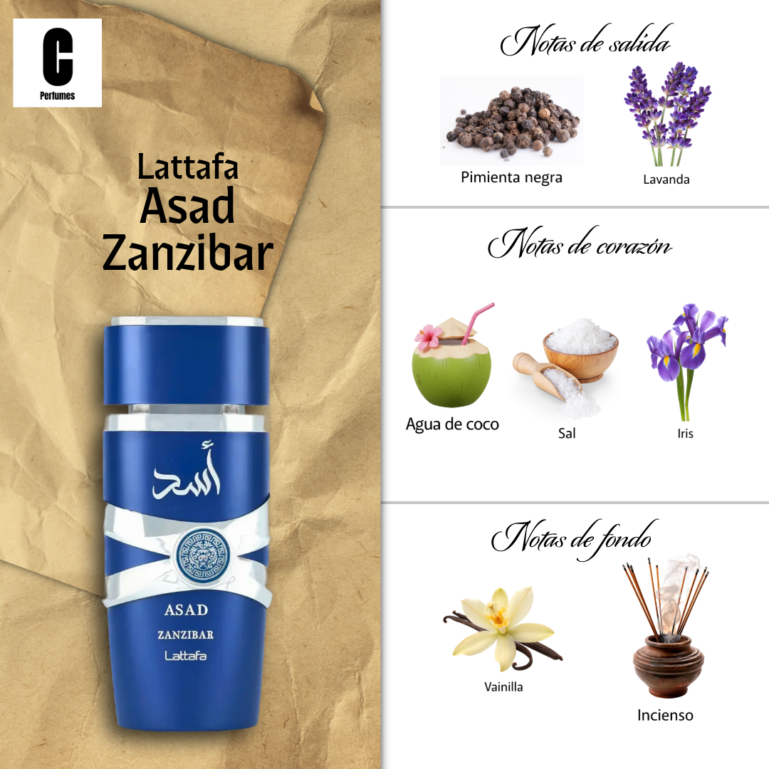 Frasco de perfume azul ASAD Zanzibar Lattafa con bandas blancas y escritura árabe.