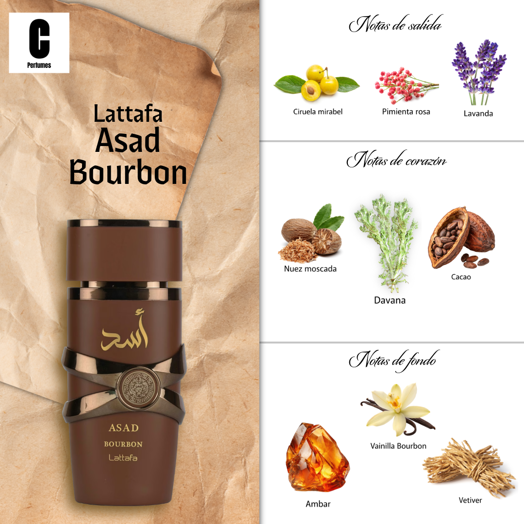 Frasco de perfume marrón Asad Bourbon con letras árabes doradas y sello decorativo de cinta negra.