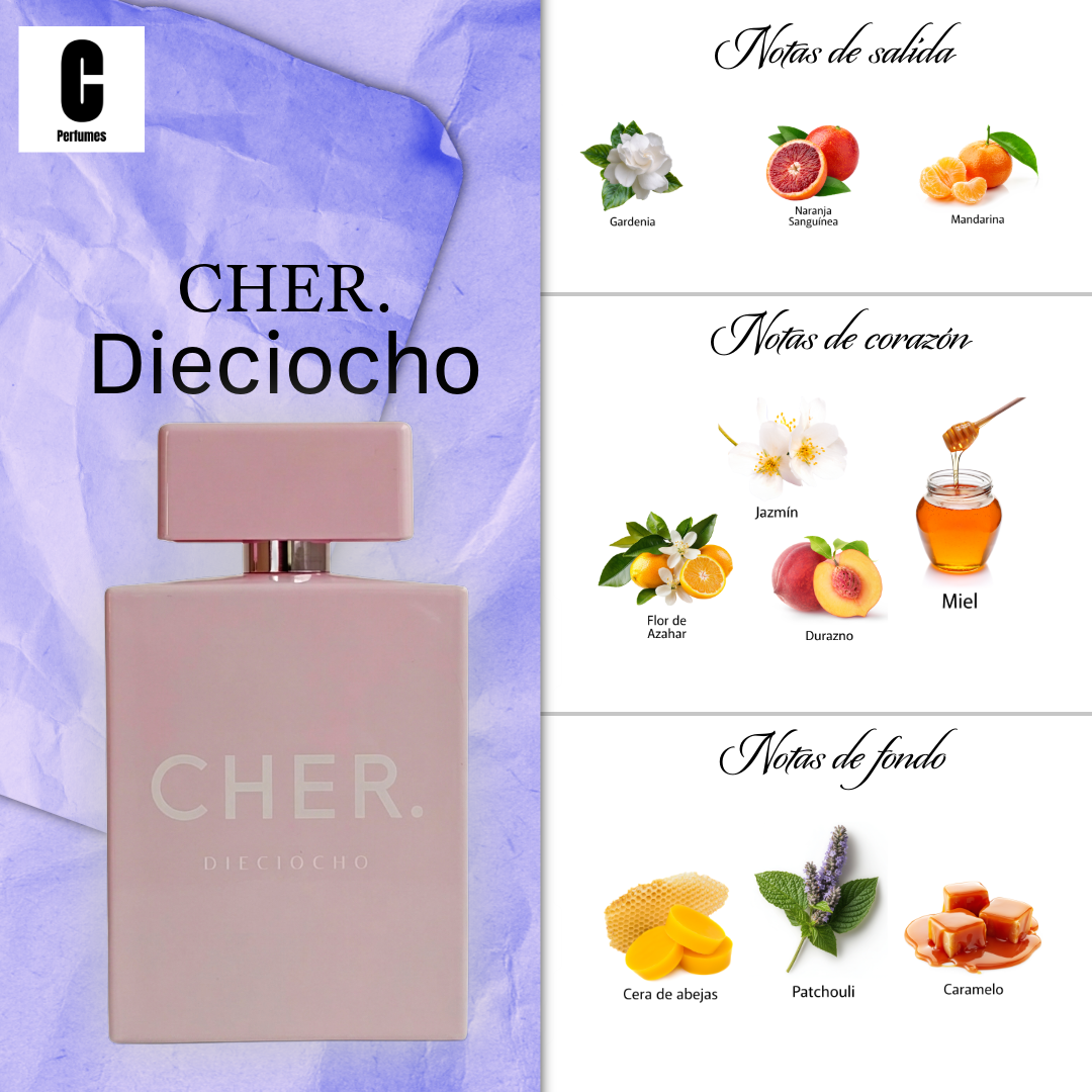 Frasco de perfume CHER de color rosa pálido con tapón cuadrado sobre fondo blanco.