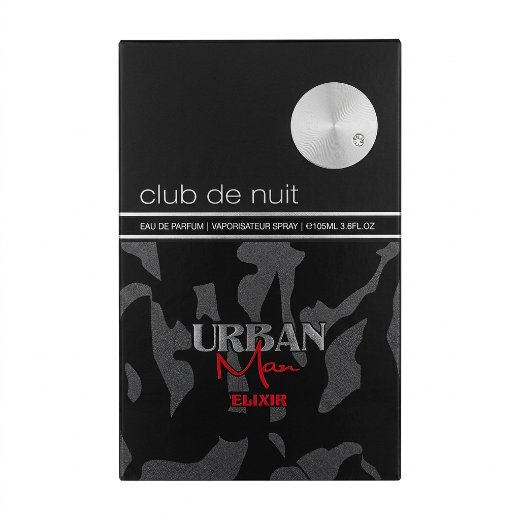 Caja de colonia Urban Man en negro y gris con detalle circular plateado y texto “club de nuit”