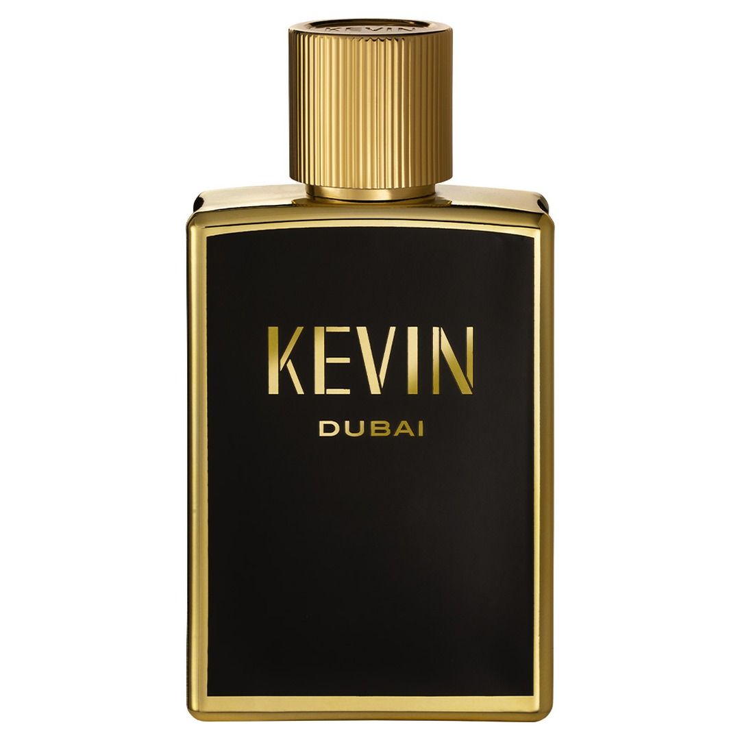 Frasco de perfume Kevin Dubai negro y dorado con tapón acanalado sobre fondo blanco.