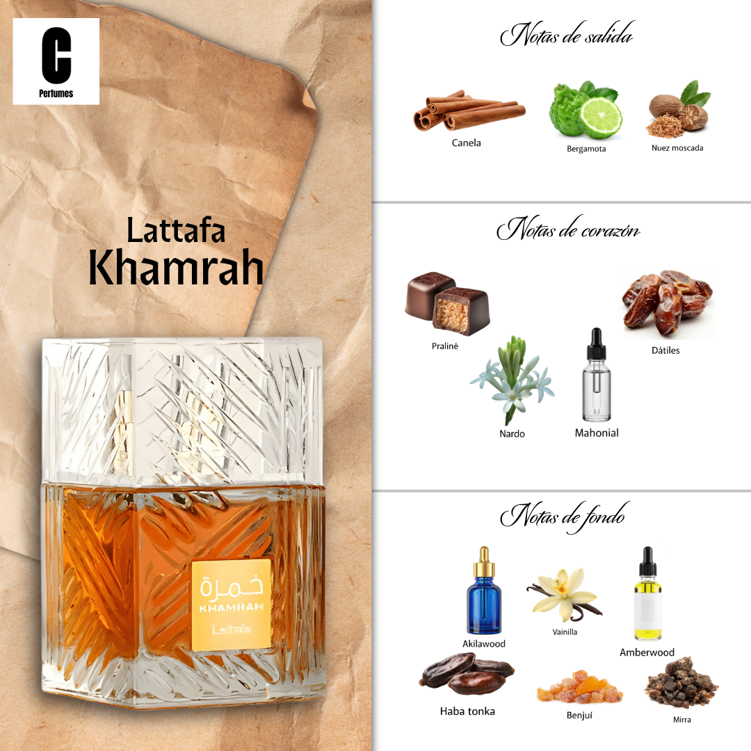 Frasco de perfume cuadrado transparente con líquido naranja y tapón con diseño plateado.