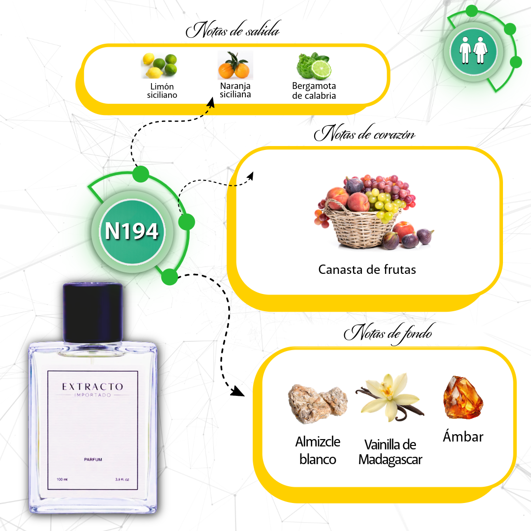 Frasco de perfume rectangular con la etiqueta “EXTRACTO”, tapón negro y líquido amarillo pálido sobre fondo blanco.