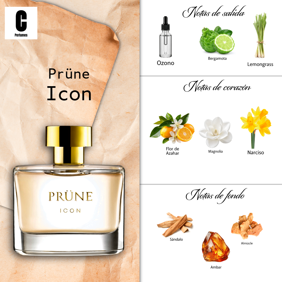 Frasco de perfume Prune Icon con tapón dorado sobre fondo blanco