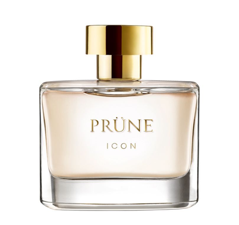 Frasco de perfume Prune Icon con tapón dorado sobre fondo blanco